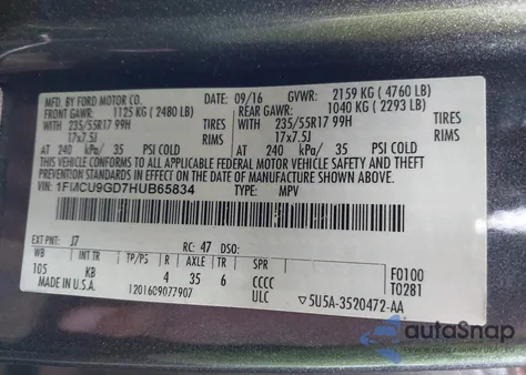 2017 Ford Escape Se из США, поврежденный, VIN 1FMCU9GD7HUB65834